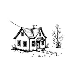 Quaint dwelling with sloped roof rendered in monochrome sketch with barren tree evokes solitude
