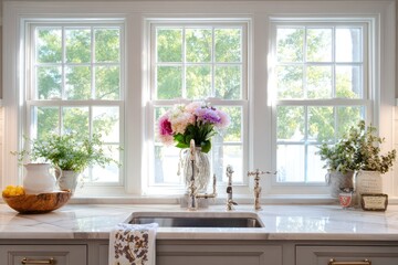 Kitchen window with flowers and greenery