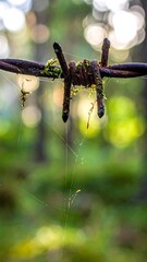 Rusty barbed wire in a forest