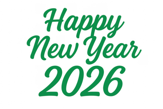 Happy new year 2026 green lettering on transparent background