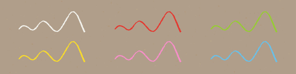 Realistic Chalk Drawn Sketch. Set of Design Elements Wavy Lines in Different Colors Isolated on Craft Paper.