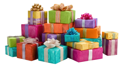 Pile of colorful Christmas presentsTransparent background, PNG file