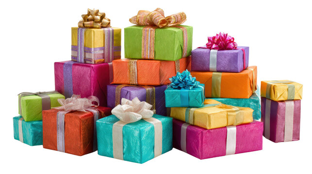 Pile of colorful Christmas presentsTransparent background, PNG file