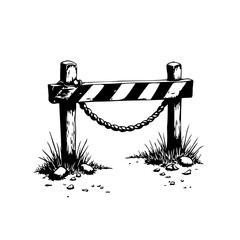 Rustic road barrier illustration with chain guard marking a rural passageway and ground texture