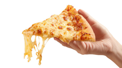Pizza slice held by hand with cheese stretch,Transparent background, PNG file