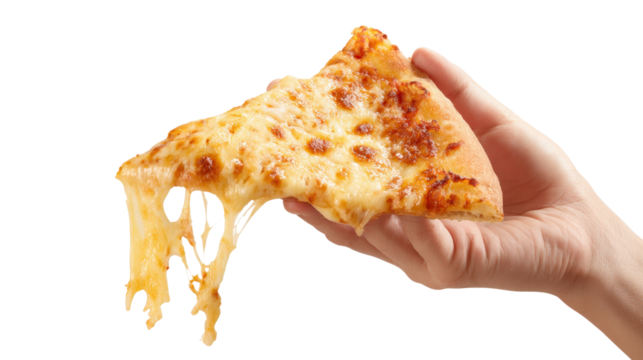 Pizza slice held by hand with cheese stretch,Transparent background, PNG file