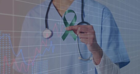 Nurse holding green ribbon initiating grid and line-chart showing health data trends fading out - Powered by Adobe