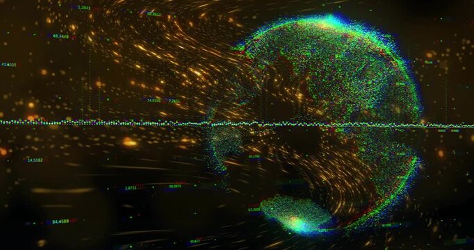 Data line appearing, sparking golden ribbon streaming toward globe, swirling dots, showing flow