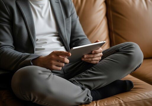 Man Relaxing with Tablet on Couch.
