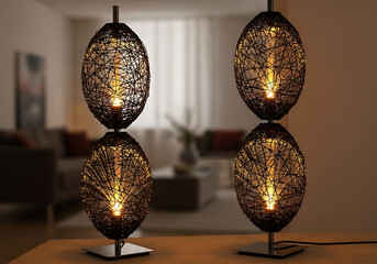 Elegant ornate oval lantern table lamps casting warm light and intricate shadows on a wooden surface