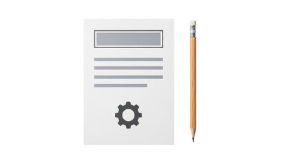 Isolated document with cogwheel and text lines next to a sharpened pencil on a surface