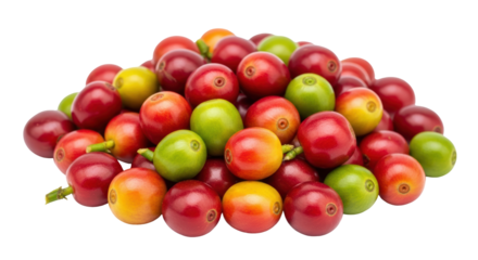 Isolated, coffee cherries ready to harvest, organic ripe fruit colorful, fresh coffee beans