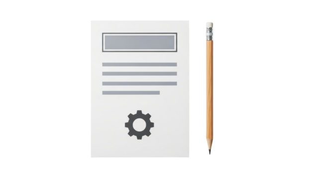 Isolated document with cogwheel and text lines next to a sharpened pencil on a surface