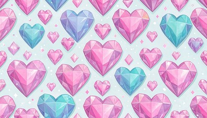 Heart-shaped gems in pastel colors, a repeating pattern