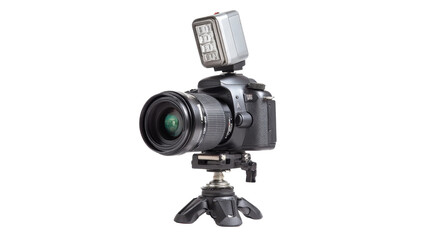 Professional camera with external flash and tripod mount,Transparent background, PNG file