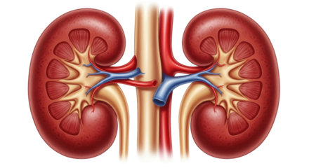 Isolated human kidney anatomy illustration showing ureter, renal artery, vein, pelvis structure