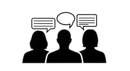 Isolated people group in conversation, three communicators having a discussion, thinking