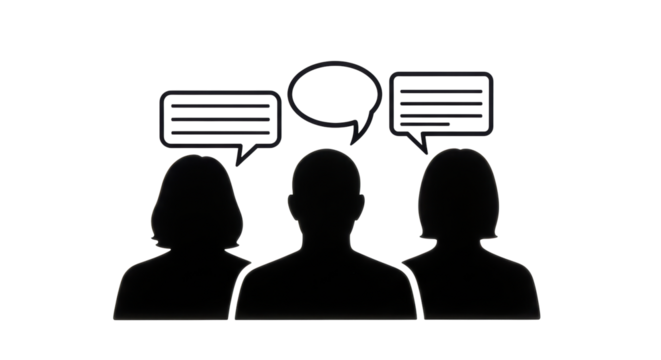 Isolated people group in conversation, three communicators having a discussion, thinking