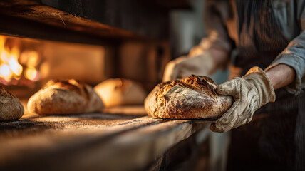 A baker removing freshly baked bread loaves from a wood-fired oven, filled with warmth and rustic charm. The bread looks golden brown and delicious