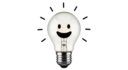 Isolated Light Bulb with Happy Face, Symbolizing Idea or Innovation and Positive Energy