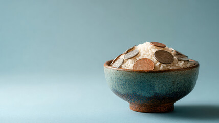 A bowl of rice with coins on top, a symbol of prosperity and saving. The ceramic bowl sits on a light blue surface.