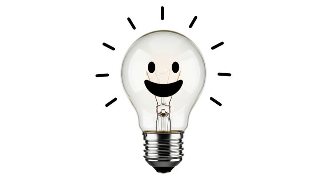 Isolated Light Bulb with Happy Face, Symbolizing Idea or Innovation and Positive Energy