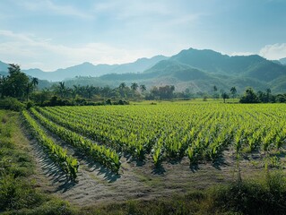 Naklejka premium Lush farmland stretching to a mountain range