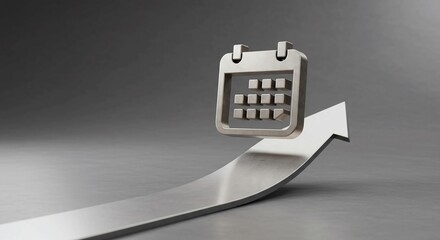 A metallic calendar icon rises on an upward-pointing arrow, symbolizing progress, growth, and future scheduling.