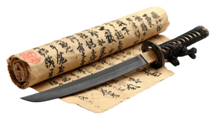 Japanese scroll with samurai symbols and katana beside it,Transparent background, PNG file