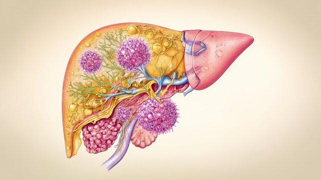 Comprehensive medical illustration of human liver highlighting cancer affected areas and stages