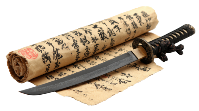 Japanese scroll with samurai symbols and katana beside it,Transparent background, PNG file