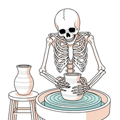 Anatomical skeleton smiling while creating pottery on a wheel as a hobby.