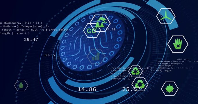 Upon code scrolling and hexicons shifting HUD rings forming, orbiting icons visualizing data