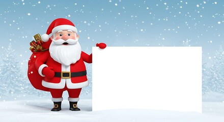 3D rendered Santa Claus holding a blank white sign in a snowy winter landscape with falling snow.