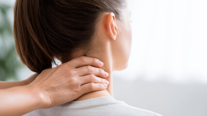 Fototapeta premium Gentle neck massage to alleviate pain. A person's neck is being massaged by a pair of hands