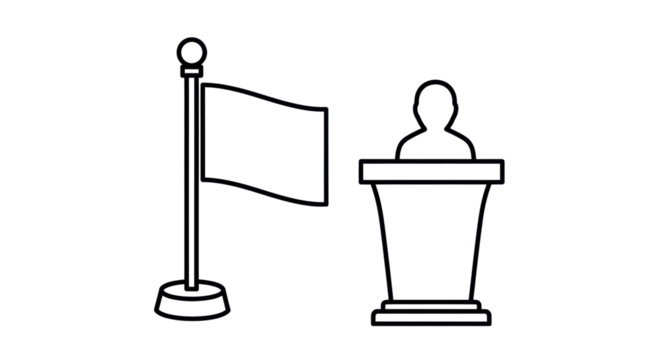 Isolated election scene depicting a flag and someone speaking at a podium during rally - Powered by Adobe