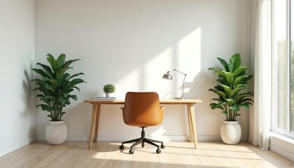 Minimalist home office features simple wood desk, brown leather chair, desk lamp. Two large potted plants, small green plant add freshness. Bright room with natural light from window, creating calm,