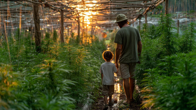 Loving father and son walk through lush agrivoltaics farm at sunset - Powered by Adobe
