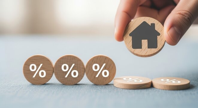 Hand placing house icon on wooden disc near percentage symbols on similar discs row