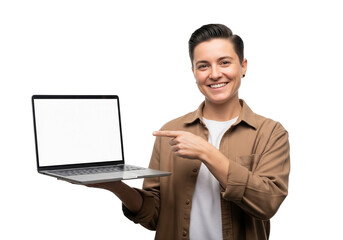 "Present Your Digital Idea: Smiling User Pointing at Blank Laptop Screen"
