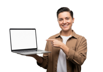 "Present Your Digital Idea: Smiling User Pointing at Blank Laptop Screen"
