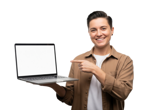 "Present Your Digital Idea: Smiling User Pointing at Blank Laptop Screen"
