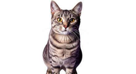 A striking tabby cat with bright yellow eyes stands tall and alert isolated on transparent background