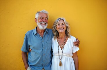 Happy senior couple embraces near bright yellow wall. Grey-haired man in blue shirt, woman in white dress smile warmly. Enjoy retirement, vacation, showing romance, love. Casual summer attire, copy