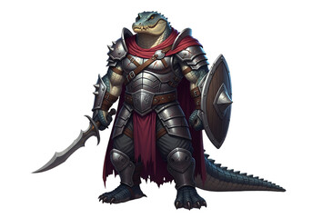 Obraz premium A formidable reptilian warrior, clad in detailed plate armor, stands poised with sword and shield.