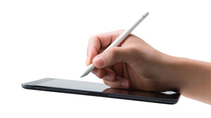 Left hand holding stylus pen for tabletTransparent background, PNG file