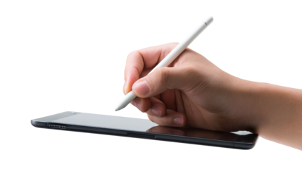 Left hand holding stylus pen for tabletTransparent background, PNG file