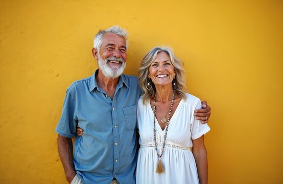 Happy senior couple embraces near bright yellow wall. Grey-haired man in blue shirt, woman in white dress smile warmly. Enjoy retirement, vacation, showing romance, love. Casual summer attire, copy