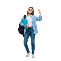 "Student Success Moment: Blue Folder, Backpack, and a Victory Fist in the Air"
