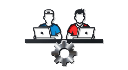 Isolated workers at laptop computers with a gear cog representing automation and development